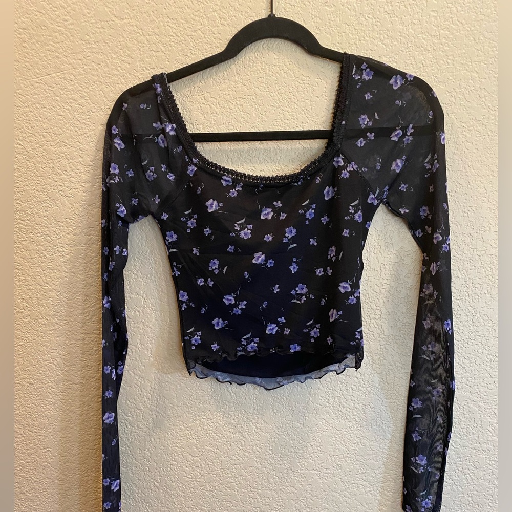 ASOS DESIGN 90s milkmaid mesh long sleeve top in dark floral